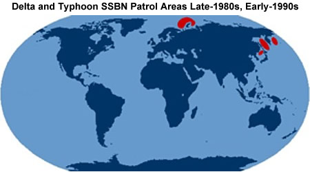 Zonas de operación de los SSBN rusos durante la Guerra Fría.