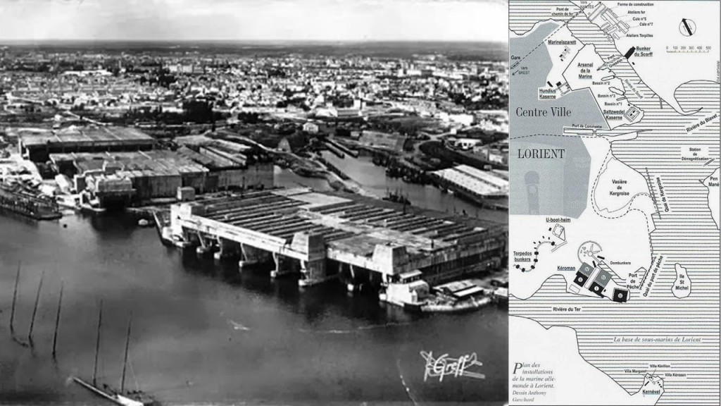 Imagen de la década de los 40 de Lorient, y plano con la disposición de los muelles para submarinos. 